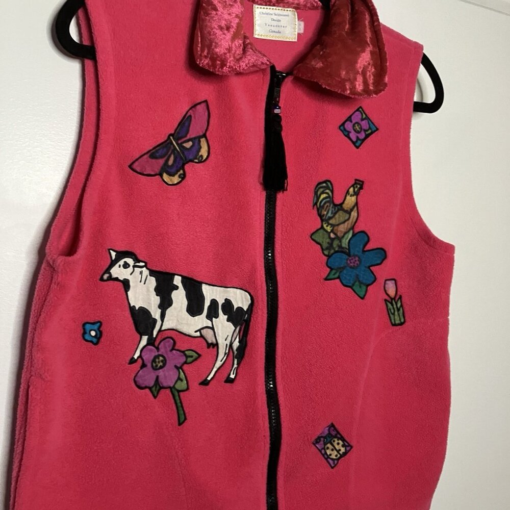 Vintage Christine Seigneuret Fleece Vest Womens S Pink Fleece OOAK Artsy Zip 90s - Picture 3 of 8